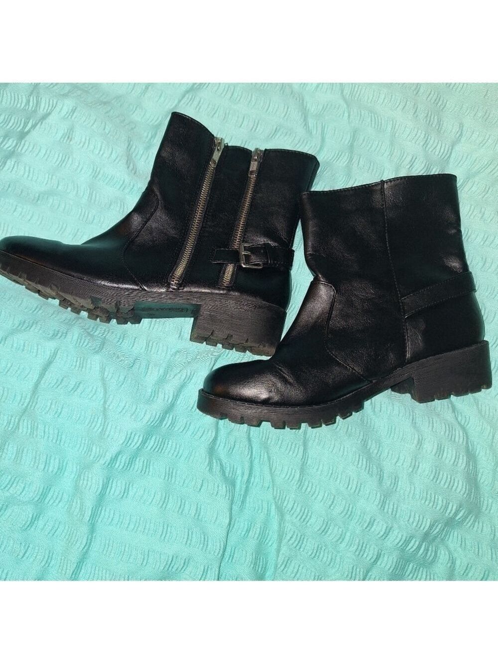 Brash Black Biker-Style Zip-Up Women's Ankle Boots Lug Sole 7.5